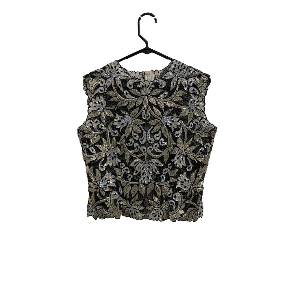 Top Beaded Vintage Magnins Women Medium Black Silver Sequin Lace Evening‎ Tank